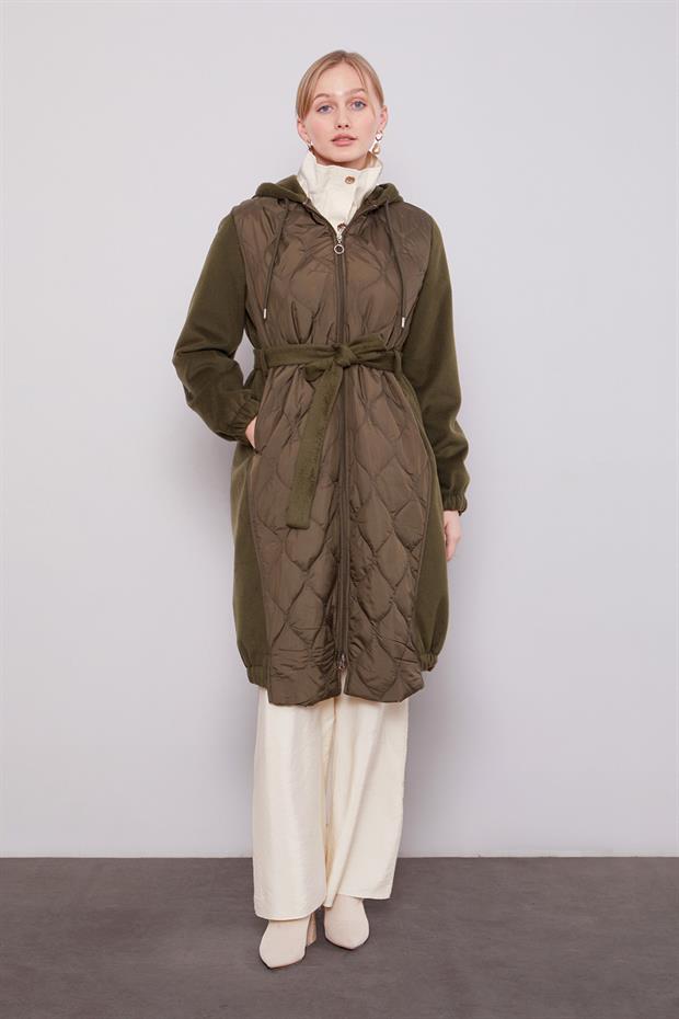 Haki Kaşe Detaylı Kapitone Mont