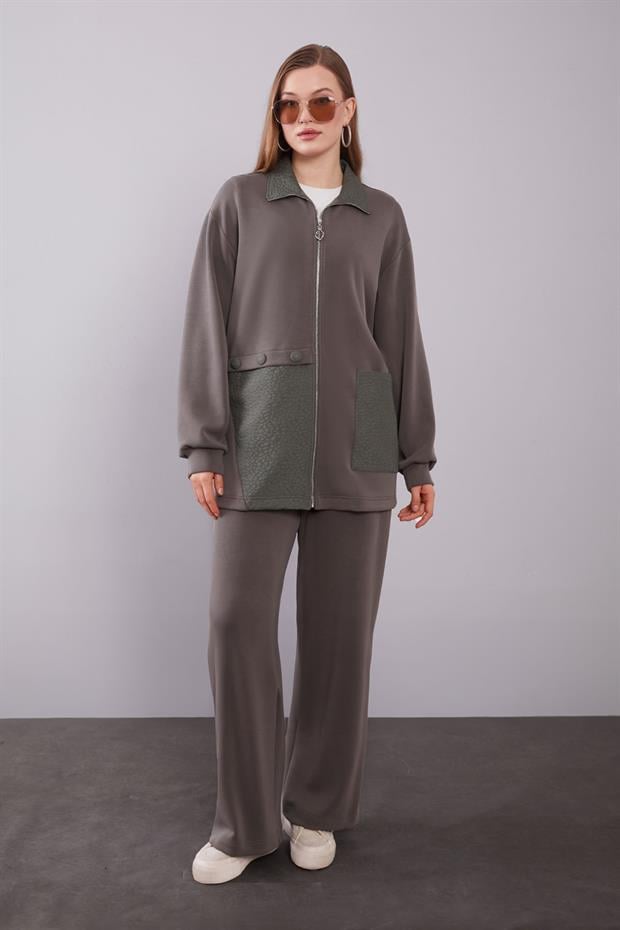 Haki Kendinden Desen Yakalı İkili Takım