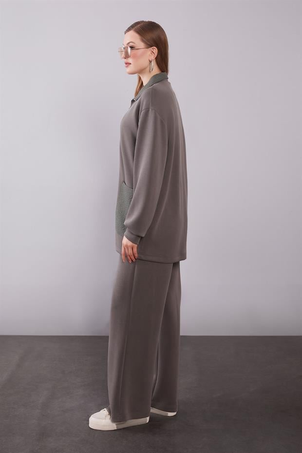 Haki Kendinden Desen Yakalı İkili Takım