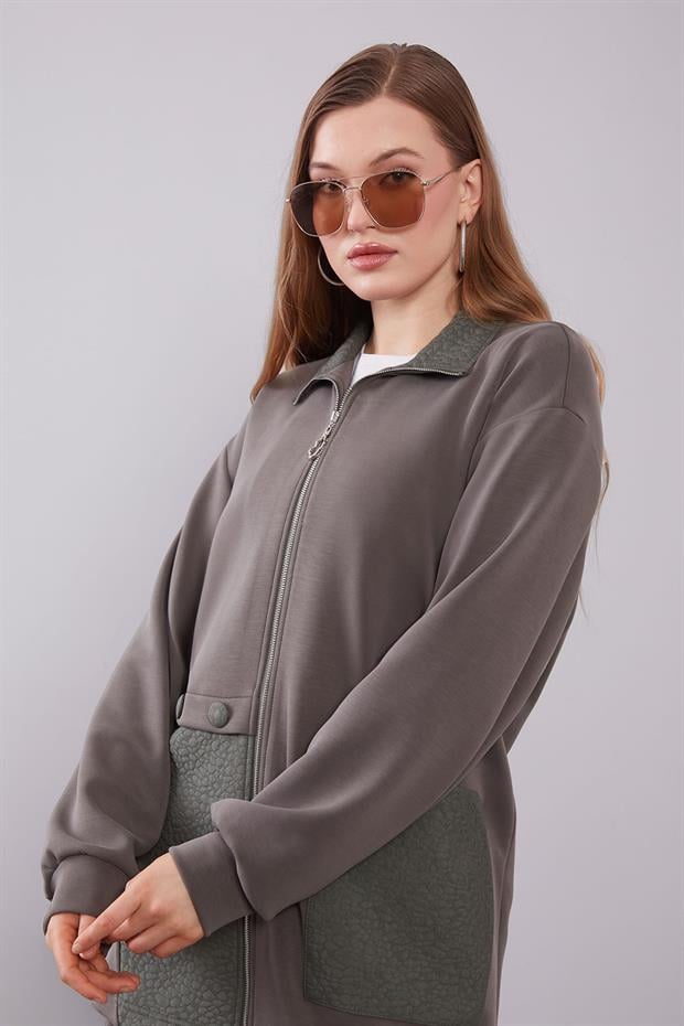 Haki Kendinden Desen Yakalı İkili Takım