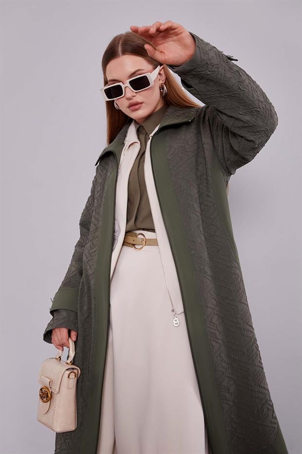 Haki Kendinden Desenli Fermuarlı Kap