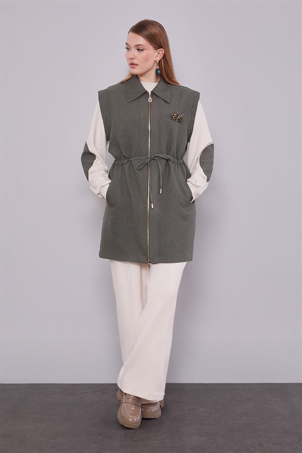 Haki Kendinden Desenli Yelekli Üçlü Takım