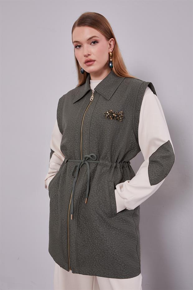 Haki Kendinden Desenli Yelekli Üçlü Takım