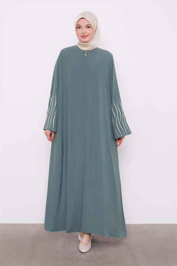 Haki Kol Nakış Detaylı Ferace