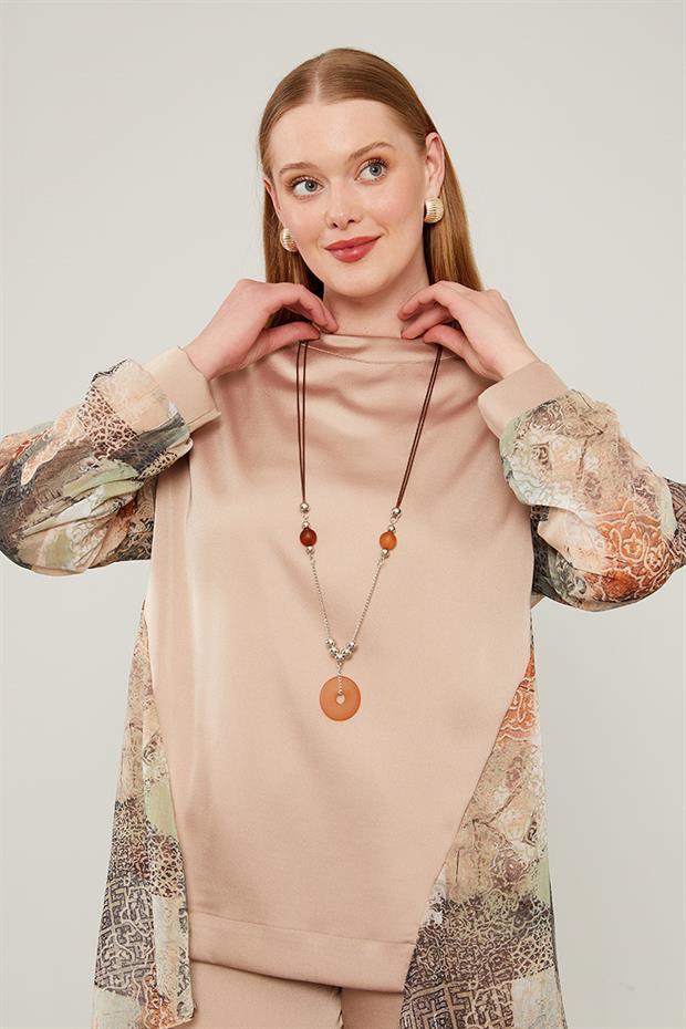 Haki Kolları Desenli Saten Tunik Takım