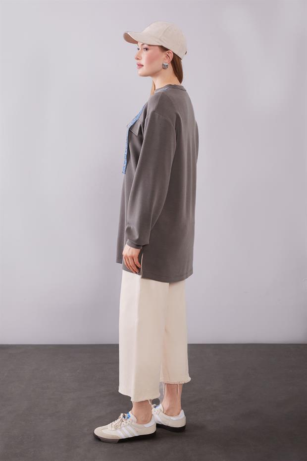 Haki Kot Şerit Detaylı Sweat