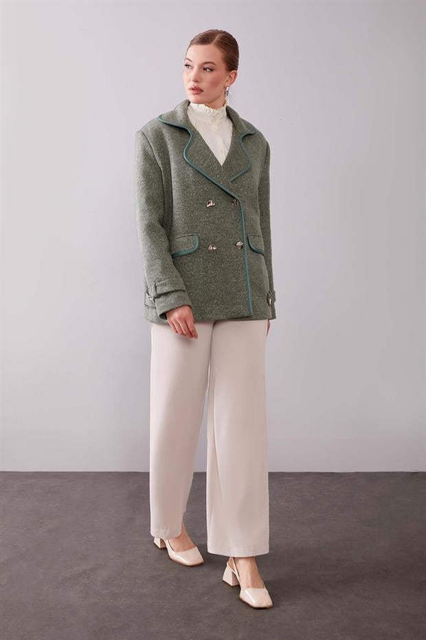 Haki Kruvaze Kenar Şeritli Kaşmir Ceket