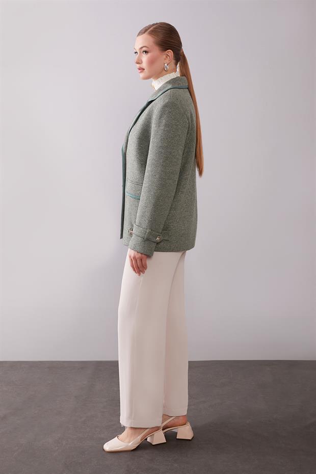 Haki Kruvaze Kenar Şeritli Kaşmir Ceket