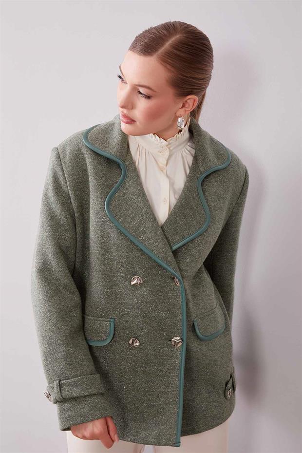 Haki Kruvaze Kenar Şeritli Kaşmir Ceket