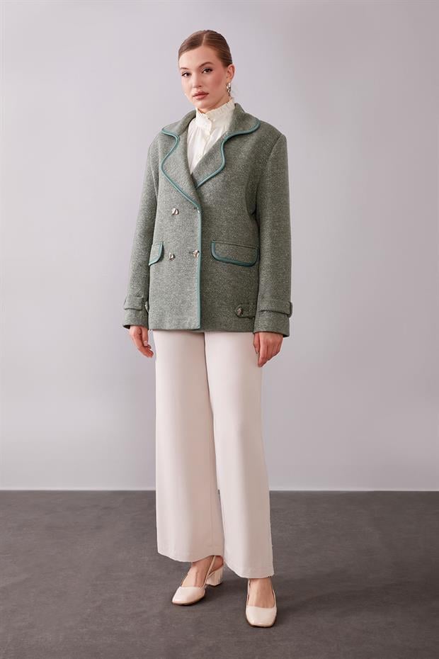 Haki Kruvaze Kenar Şeritli Kaşmir Ceket