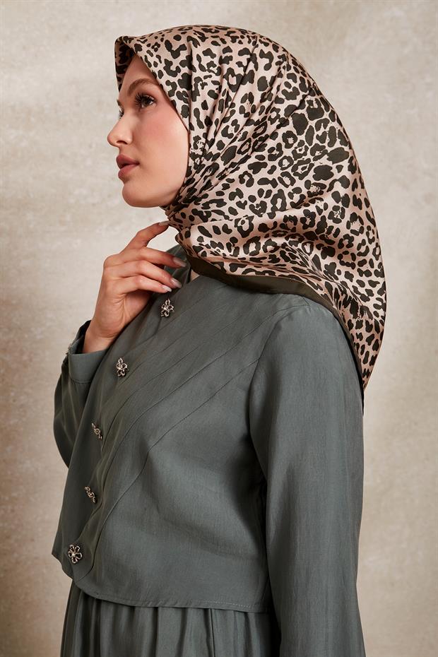 Haki Leopar Desen Twill İpek Eşarp