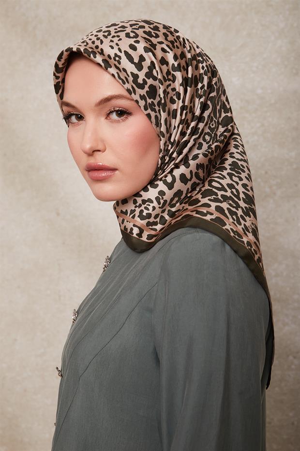 Haki Leopar Desen Twill İpek Eşarp