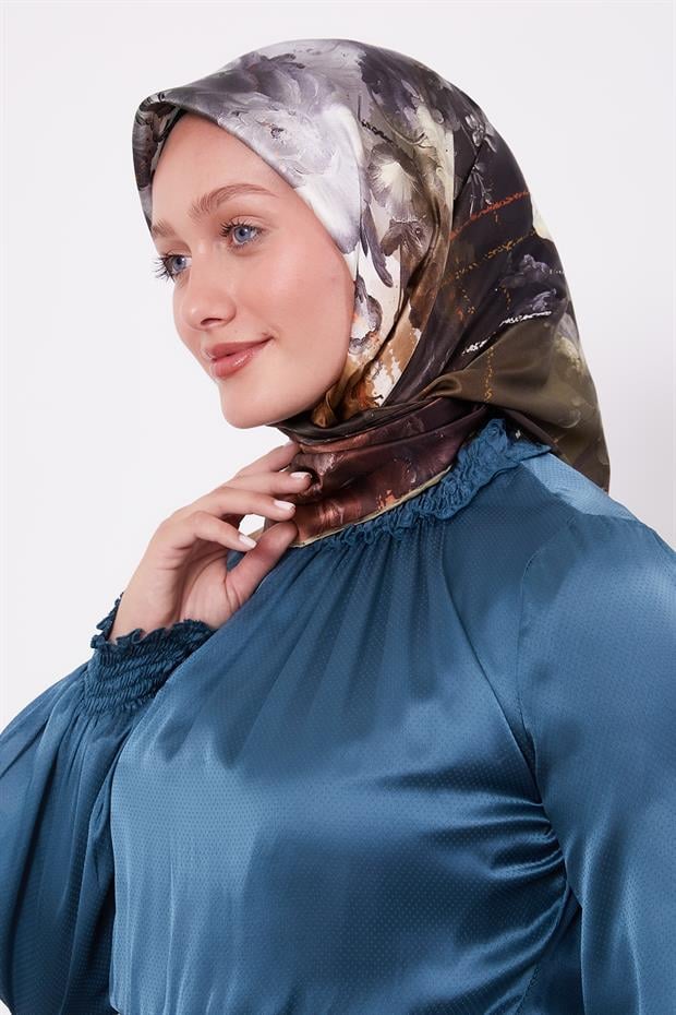 Haki Menekşe Desen Sura İpek Eşarp