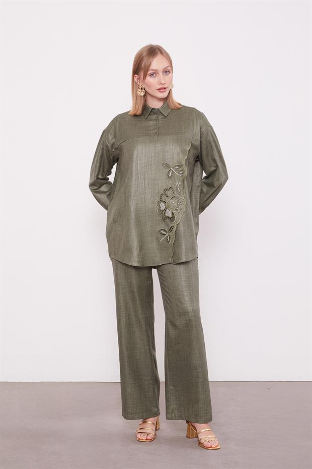 Haki Nakış Gül Detaylı Tunik Takım