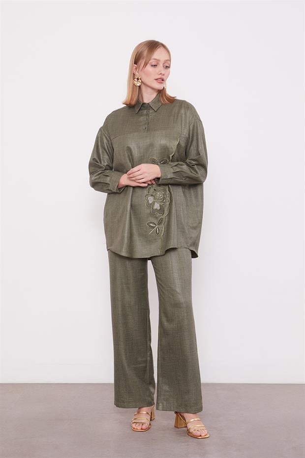 Haki Nakış Gül Detaylı Tunik Takım