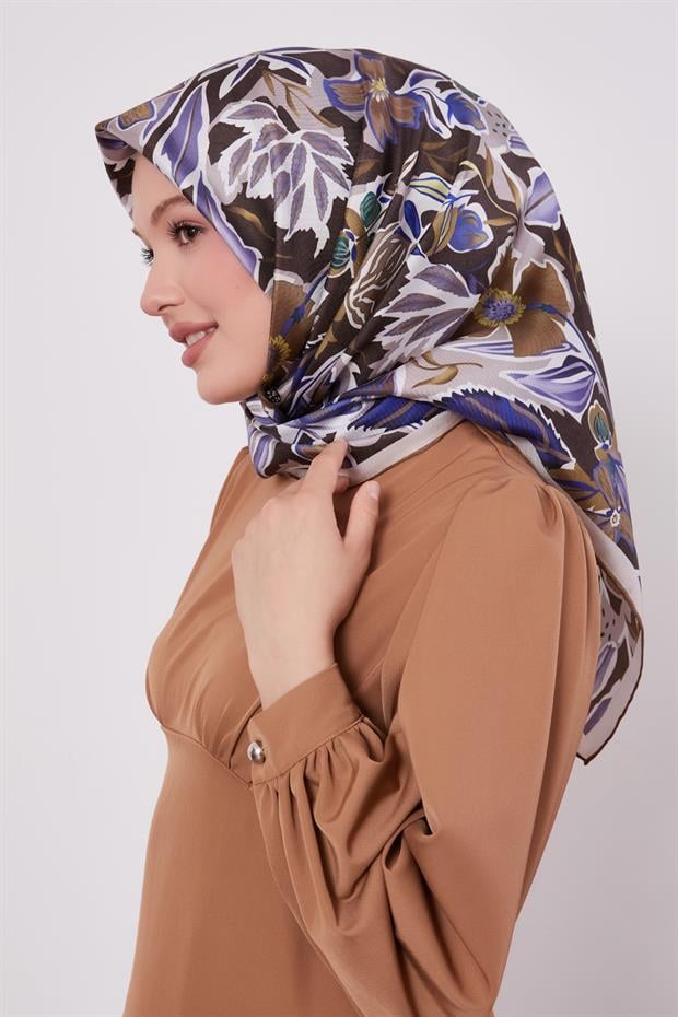 Haki Petunya Desen Twill İpek Eşarp