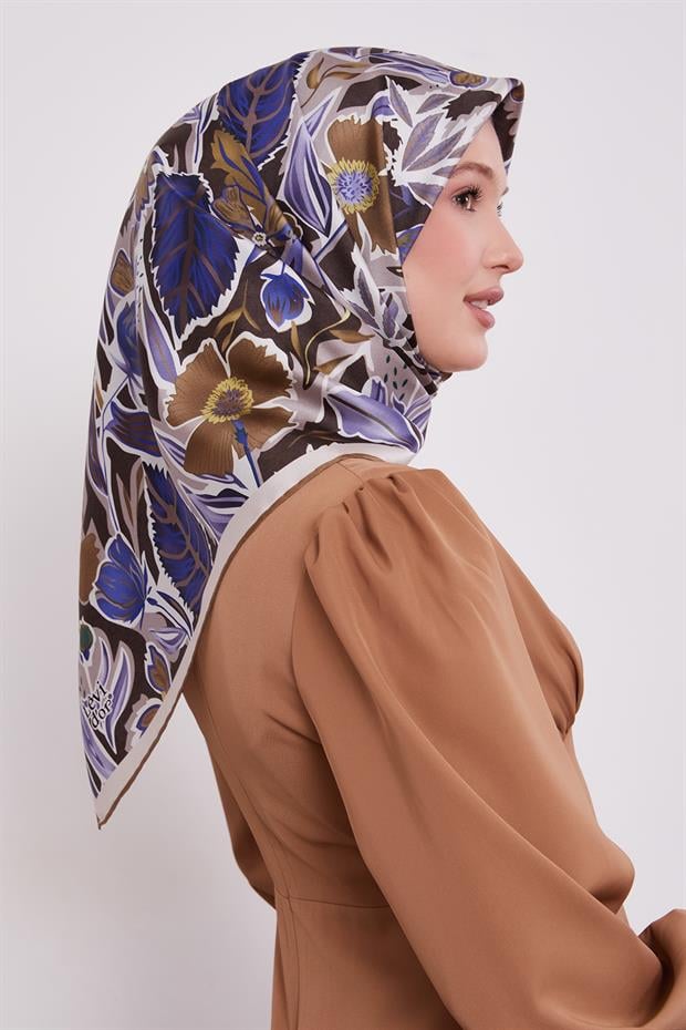 Haki Petunya Desen Twill İpek Eşarp
