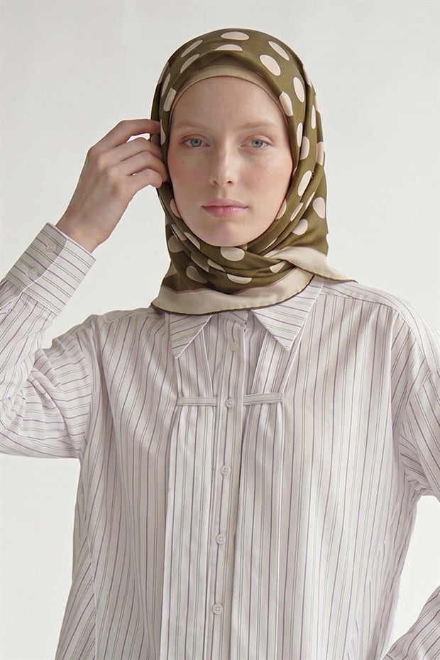 Haki Puantiyeli Twill İpek Eşarp