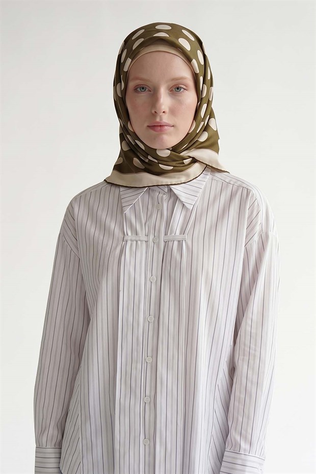 Haki Puantiyeli Twill İpek Eşarp