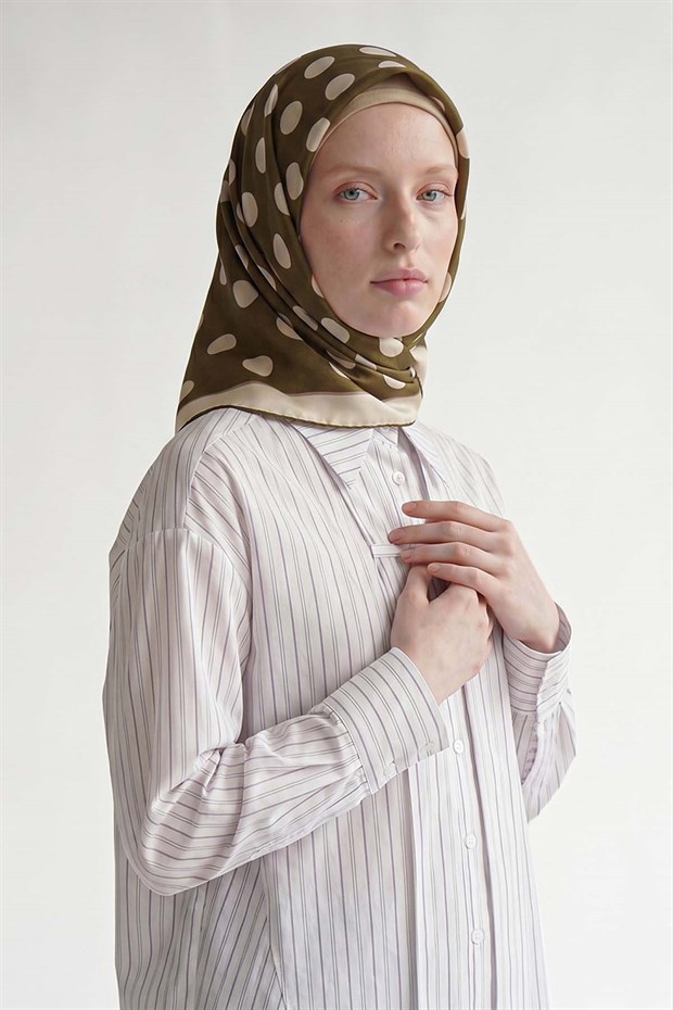 Haki Puantiyeli Twill İpek Eşarp