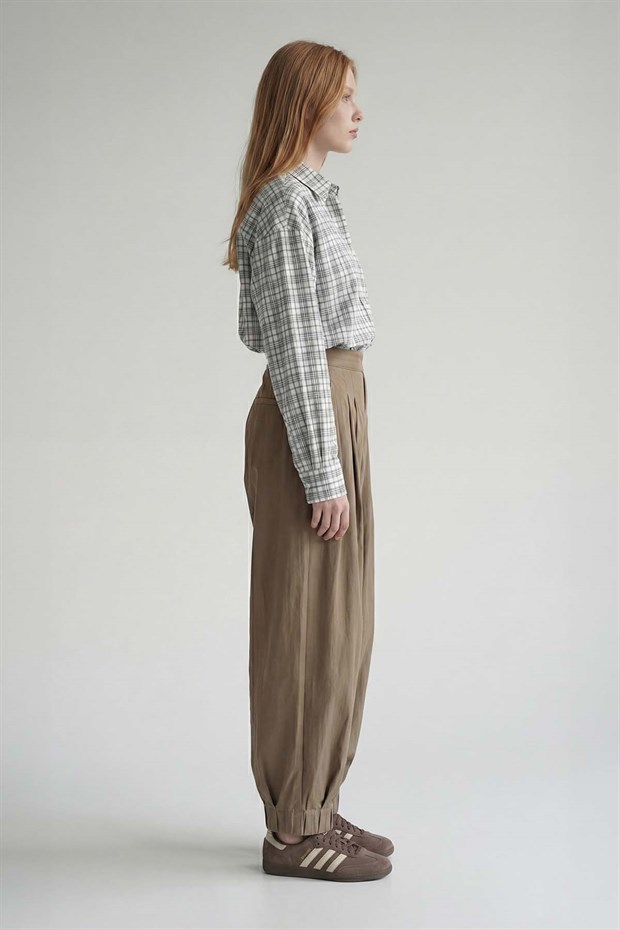 Haki Şalvar Görünümlü Pile Detay Pantolon