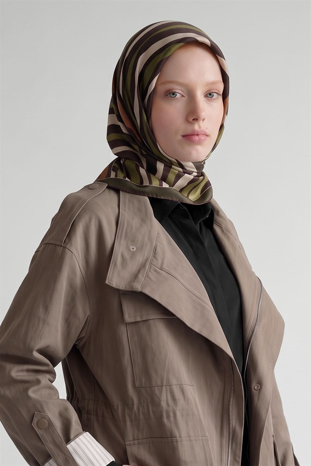 Şerit Detaylı Twill İpek Eşarp Haki