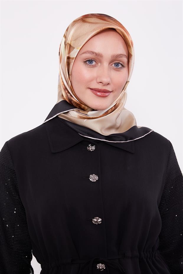 Haki Soft Çiçek Desen Sura İpek Eşarp