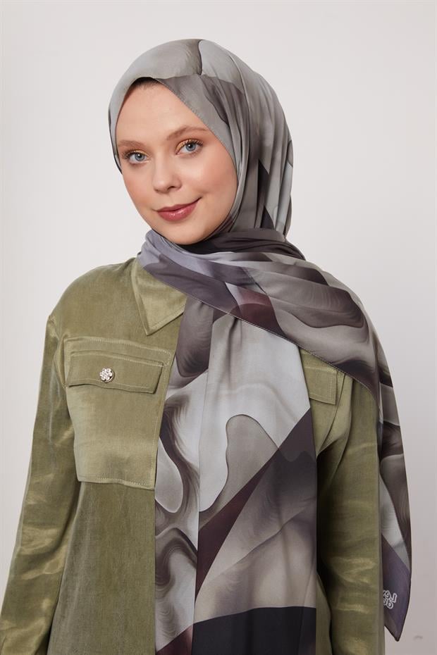 Haki Soyut Desen Love Şal