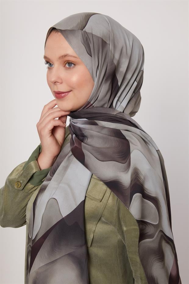 Haki Soyut Desen Love Şal