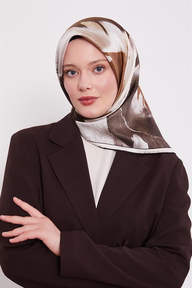 Haki Yansıma Yaprak Desen Twill İpek Eşarp