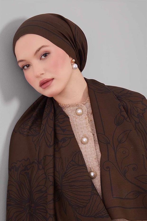 Haki Sümbül Çiçek Desen Yün İpek Şal