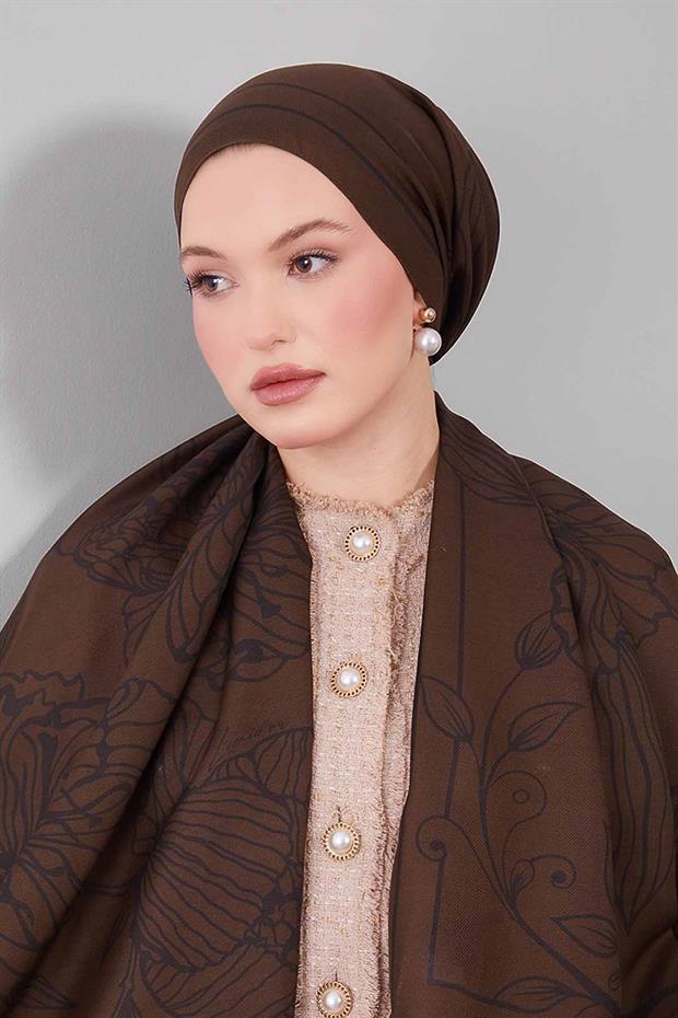 Haki Sümbül Çiçek Desen Yün İpek Şal