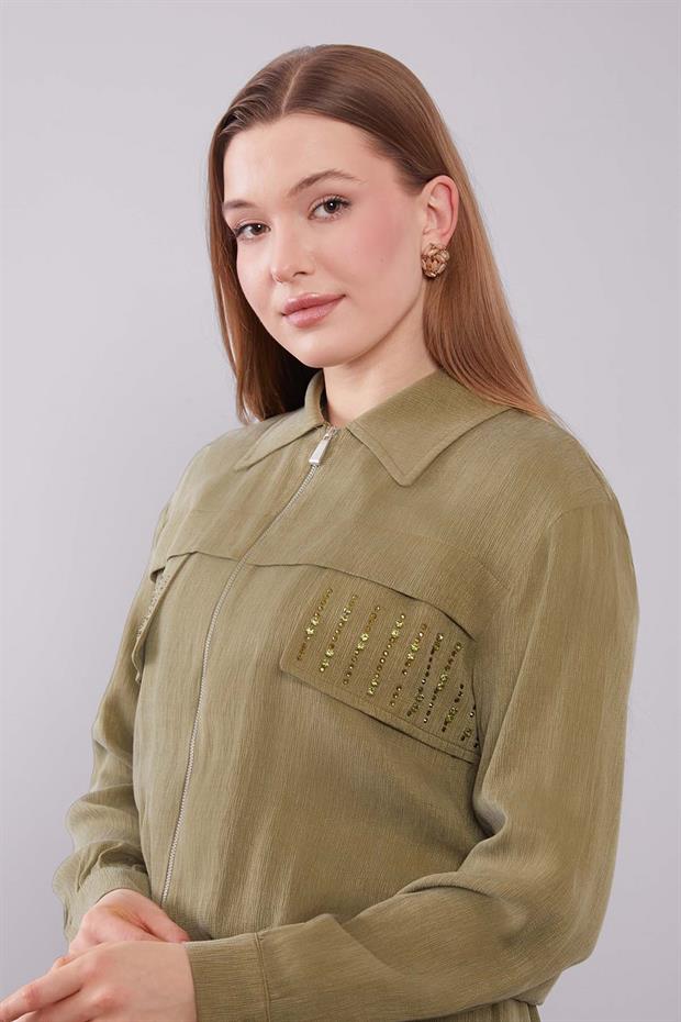Haki Taş Detaylı Fermuarlı Ceket Takım
