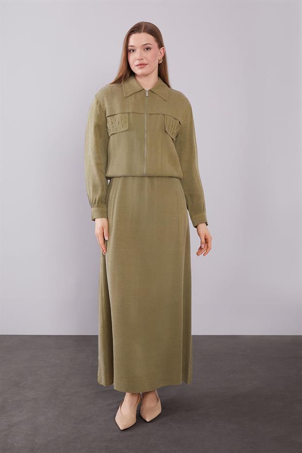 Haki Taş Detaylı Fermuarlı Ceket Takım