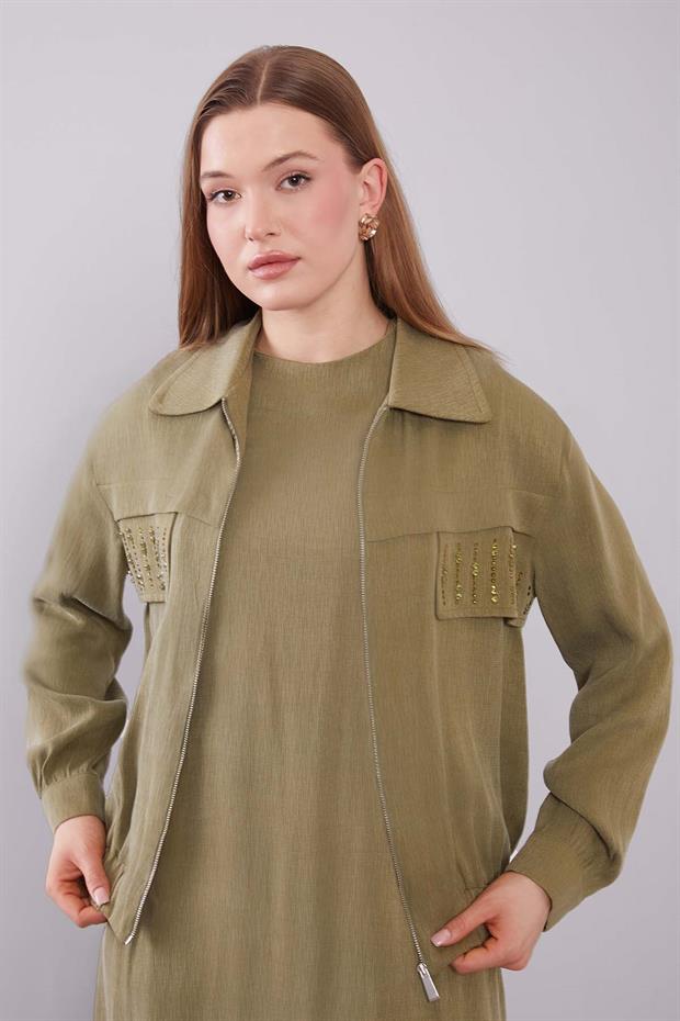 Haki Taş Detaylı Fermuarlı Ceket Takım