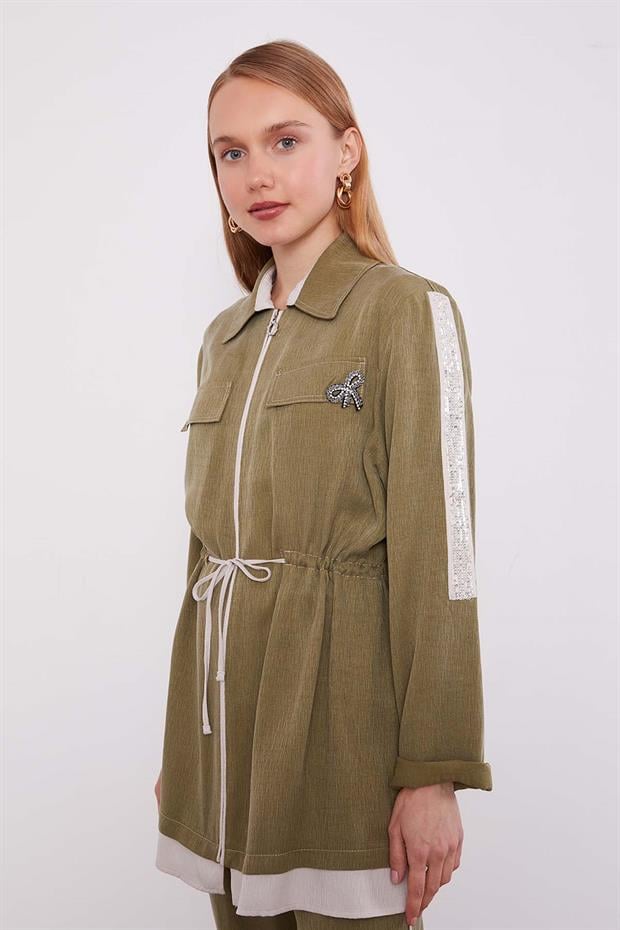 Haki Taşlı Şerit Detaylı İkili Takım