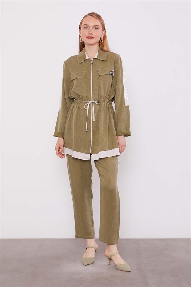 Haki Taşlı Şerit Detaylı İkili Takım