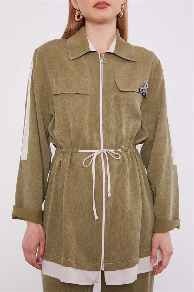 Haki Taşlı Şerit Detaylı İkili Takım