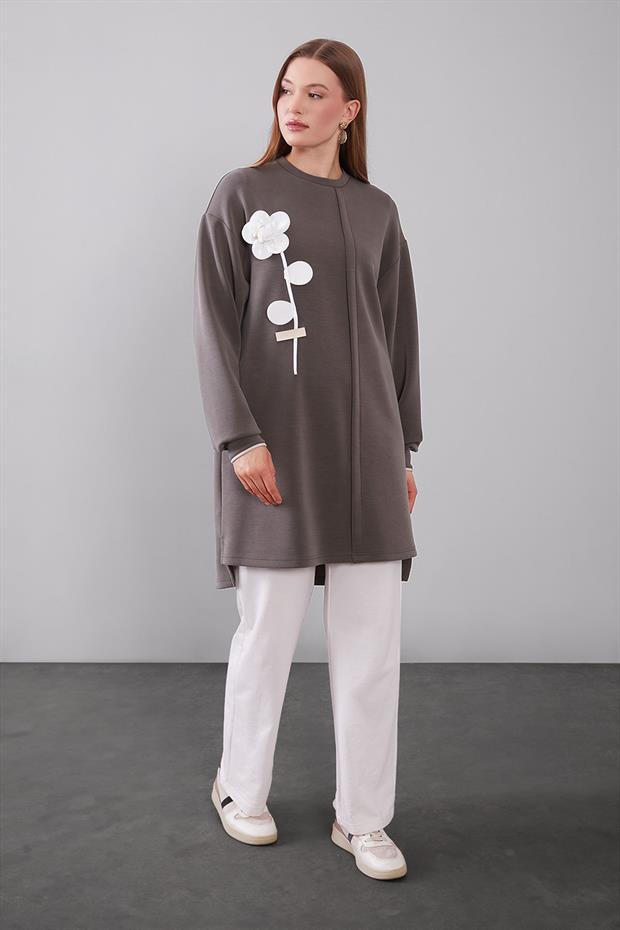 Haki Üç Boyutlu Gül Detaylı Sweat