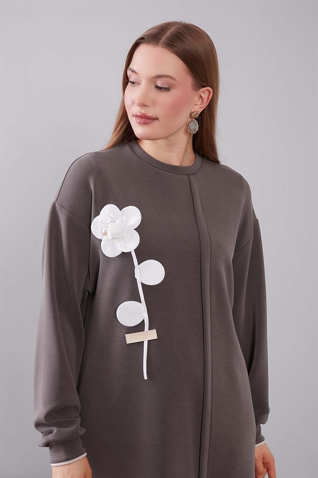 Haki Üç Boyutlu Gül Detaylı Sweat