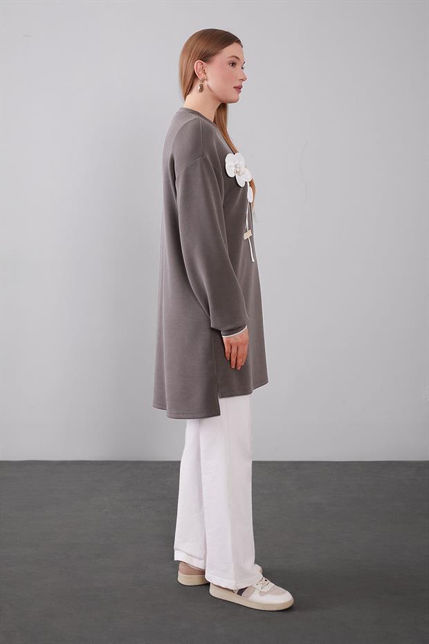 Haki Üç Boyutlu Gül Detaylı Sweat