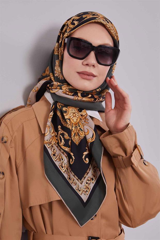 Haki Varak Desen Twill İpek Eşarp
