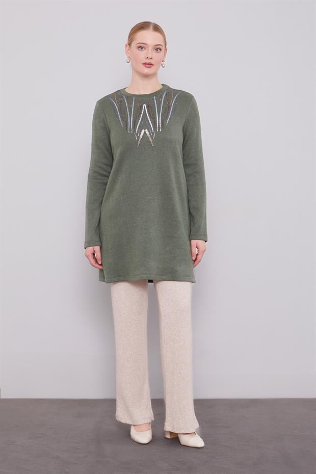 Haki Yakası Pul İşlemeli Tunik