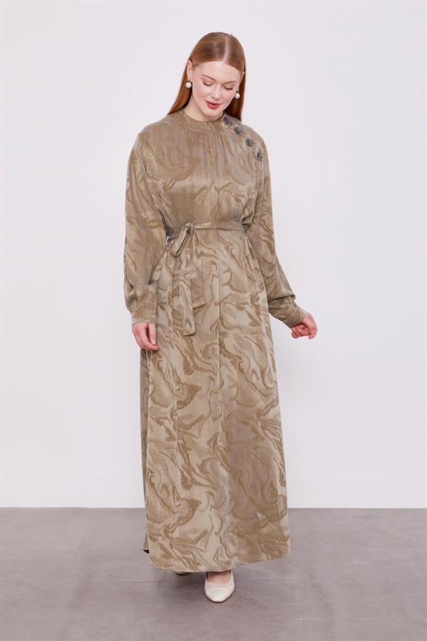 Haki Yakası Taş Detaylı Cupra Elbise