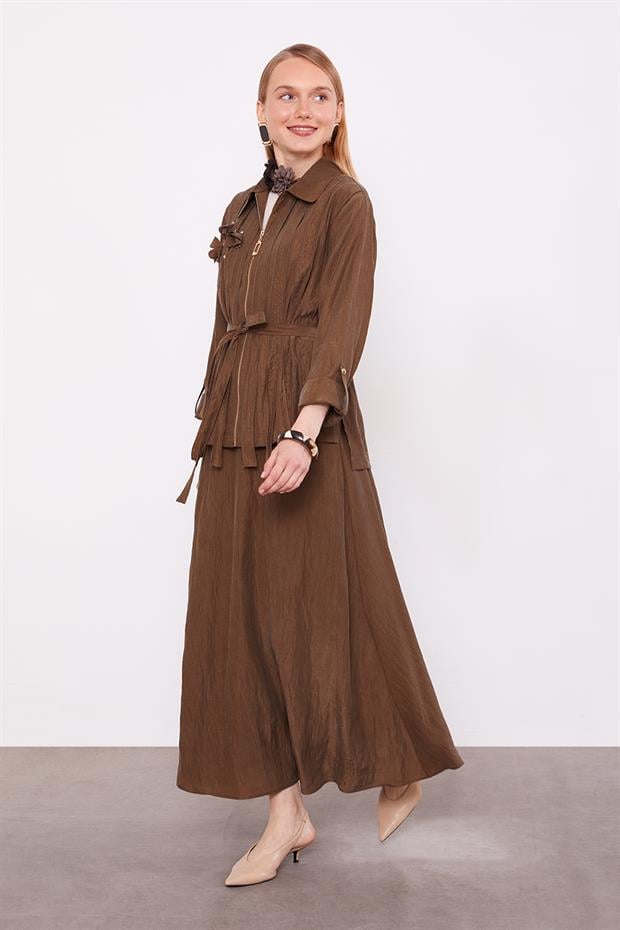 Haki Yakası Taş Detaylı Cupra Etek Takım