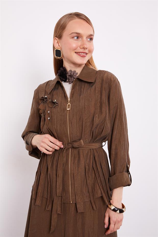 Haki Yakası Taş Detaylı Cupra Etek Takım