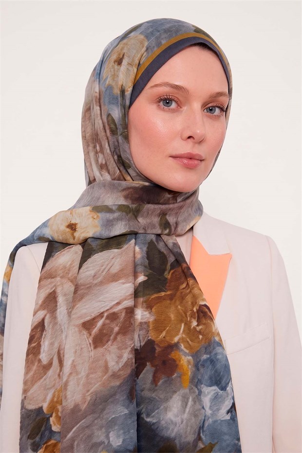 Hardal Gül Desenli Tencel Şal
