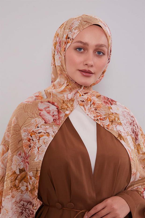 Hardal Güllü Desen Pamuk Şal