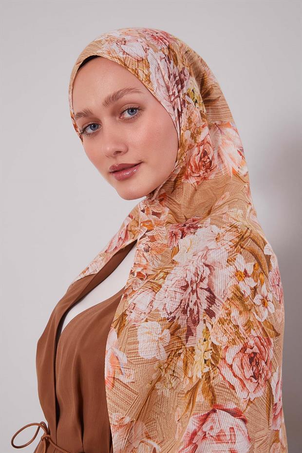 Hardal Güllü Desen Pamuk Şal