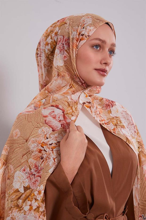 Hardal Güllü Desen Pamuk Şal
